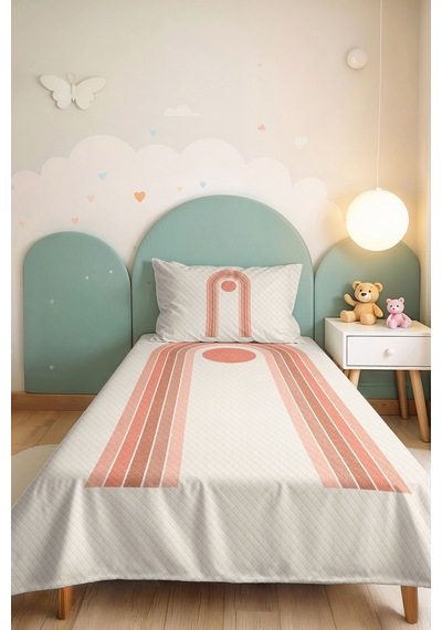 Evimde Bambaşka Pastel Gökkuşağı Kız Çocuk Pike Takımı - Minimal Pudra Krem Bebek Odası Yatak Örtüsü - 160x220  CM