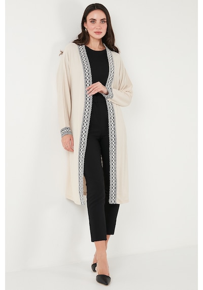 Lela Modest Regular Fit Bağlamalı Nakışlı Tesettür Uzun Kimono Bayan Hırka 5866173 Taş