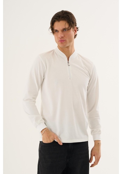 Yarım Fermuarlı Erkek Sweatshirt Beyaz