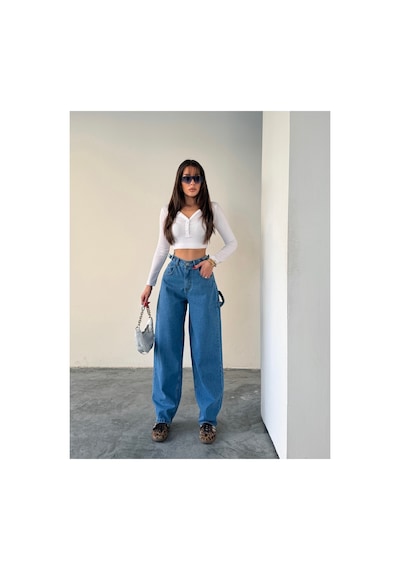 Blue Marlın Yan Kemer Mavi Tokalı Kargo Cep Detaylı Baggy Jeans Mavi
