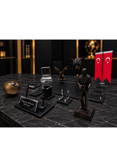 17 Parça Lüks Panterli Sümen Takımı Atatürk Heykelli Türk Bayraklı Kişiye Özel Ofis Seti Siyah - Gold