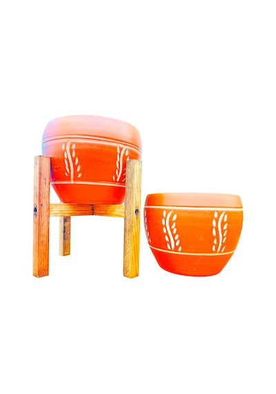 BİTKİ TASARIMI EV DEKORASYON NAKIŞ DESENLİ TERRAKOTA TOPRAK SAKSI SAKSILIK SALON ÇİÇEKLİK İKİLİ SET AYAKSIZ - 4 AYAKLI- 15 CM