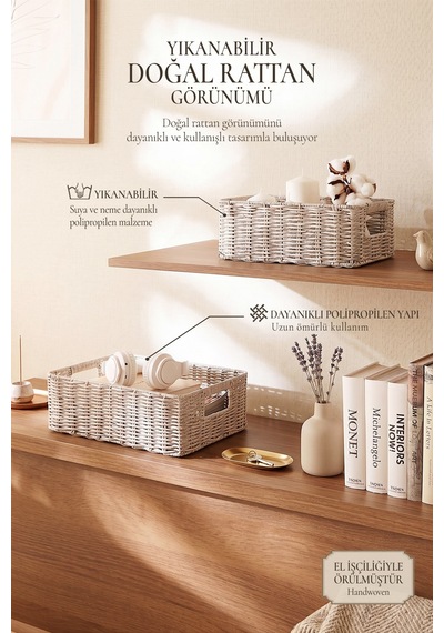 Ocean Home Textile 2'li Yıkanabilir Gri Pp Rattan Sepet Set 30 X 20 X 11 / 36 X 26 X 12 Cm