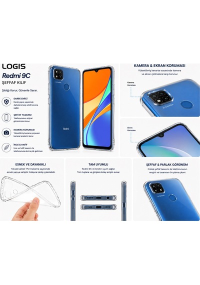 Logis Xiaomi Redmi 9c Uyumlu Şeffaf Silikon Kılıf Kamera Korumalı Darbe Emici İnce Esnek Tpu Telefon Koruyucu Kapak