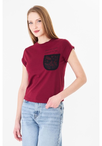 Sortie Collection Dantel Cepli Yazı Baskılı Katlama Kollu Tshirt Bordo