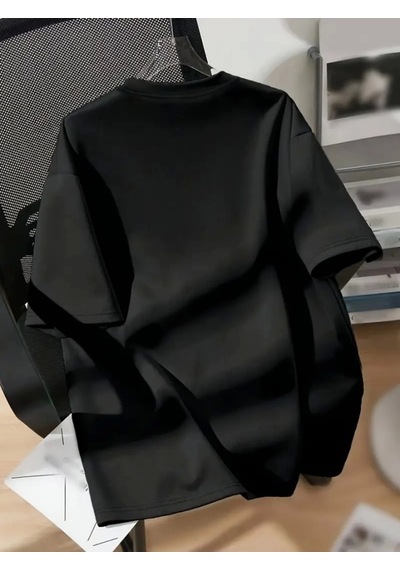 Modi Baskılı Oversize Bisiklet Yaka T-shirt - Siyah - Mymg158844