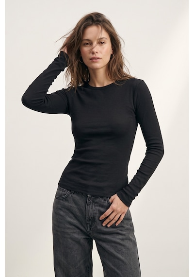 Elemge %95pamuk %5likra Vücuda Oturan Magic Fit Siyah Kadın Stretch Uzun Kollu T-shirt Compact Penye Esnek Basic Tişört Elastan Bluz