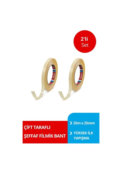 Çift Taraflı Filmik Bant, Genel Amaçlı Filmik, Şeffaf, 25m X 25mm X 2 Adet