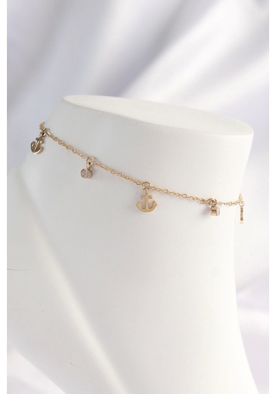 316l Çelik Gold Renk Zirkon Taşlı Minimal Çapa Tasarımlı Halhal - Tj-hh1605 Çok Renkli