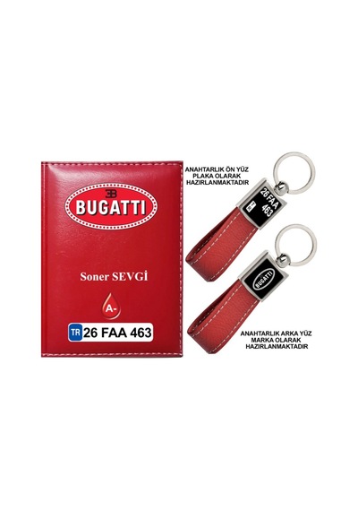 Plakanıza Özel Bugatti Logolu Kırmızı Ruhsat Kabı Ve Anahtarlık