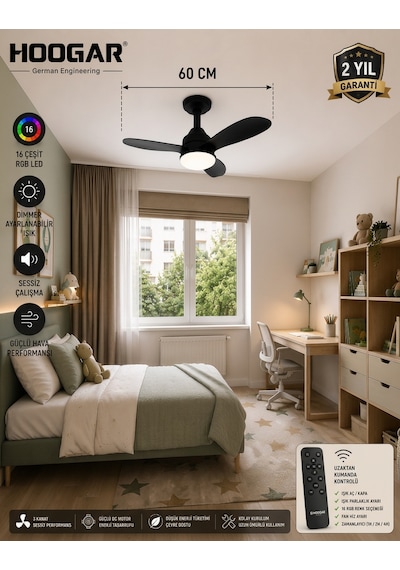 German New Black Super Fan 60 Cm Kalın Kanat Dim Ayarlı Tavan Vantilatörü Rgb Led 16 Renk Sessiz Sinek Kovar