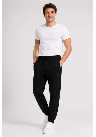 Hazego Erkek İki İplik Beli Lastikli Bağcıklı Regular Fit Jogger Eşofman Altı - Siyah