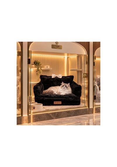 Peluş Fiyonklu Kedi Ve Köpek Koltuğu Tamamen Fermuarlı Çıkarılabilir İç Minder Boncuk Elyaf Kaydırmaz Taban Kedi Ve Köpek Yatağı Siyah Peluş Beyaz 1715024220
