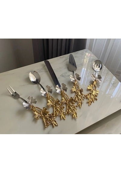 5 Parça Kelebek Desenli Gold Saplı Çelik Servis Seti