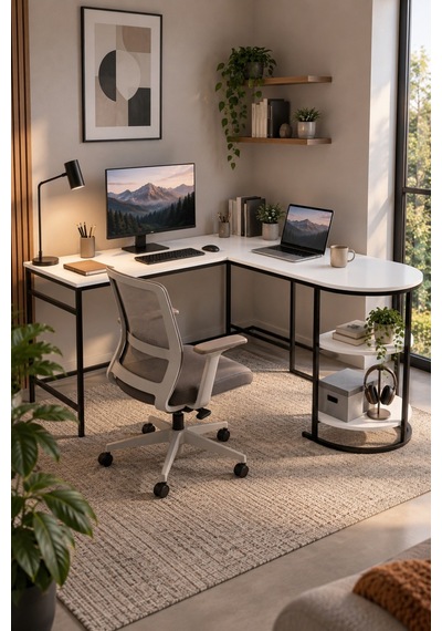 Sulorahome Tipi Köşe Çalışma Masası 2 Raflı Beyaz