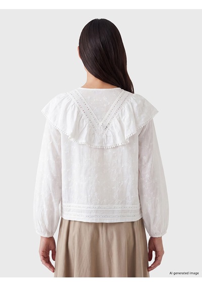 Lcw Studıo Beyaz Nakışlı Fırfırlı Balon Kollu Oversize Bluz