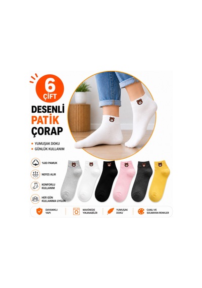 Worthy Socks 6 Lı Ayıcık Desenli Patik Çorap Seti Pamuklu Günlük Çorap Renkli