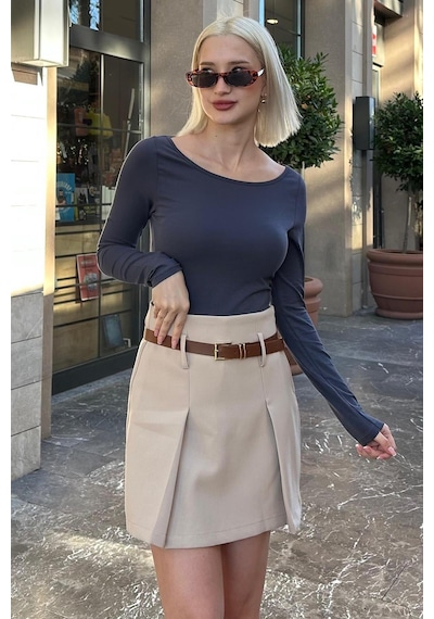 Madmext Ekru Pileli Kemerli Şortlu Kadın Etek Mg2247