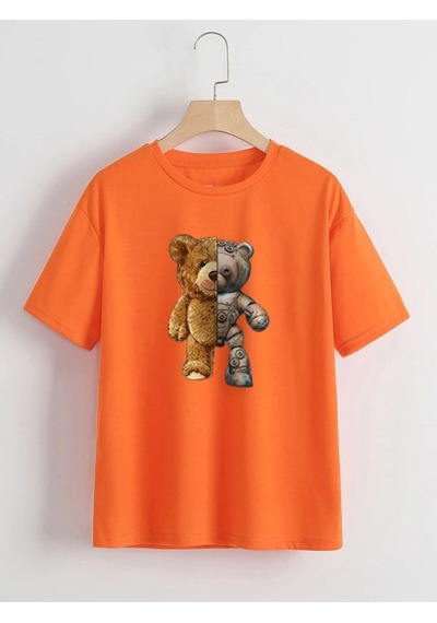 Flood Of Style Unisex Turuncu Robotik Ayıcık Baskılı Oversize Bisiklet Yaka T-shirt