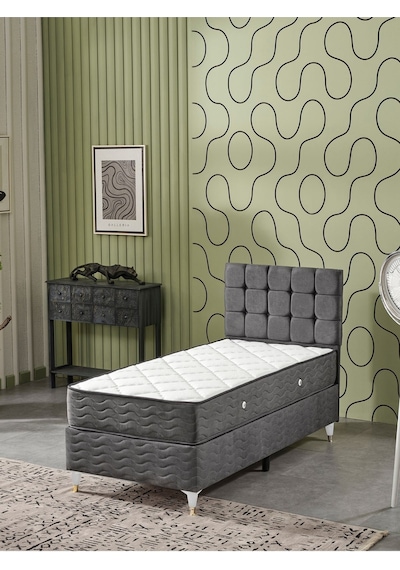 Beehanem Bengü 90x190 Tek Kişilik Baza Başlik Yatak 3 Lü Set Antrasit 90 X 190