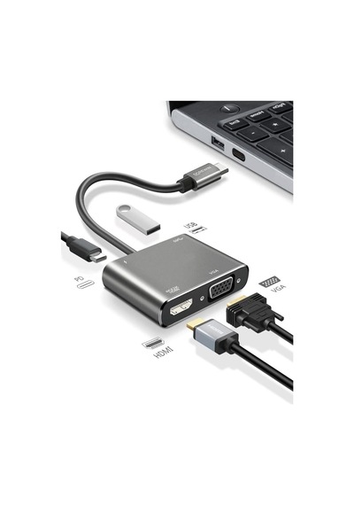 Tr 4'ü 1 Arada Type-c Hub Dönüştürücü Adaptör, 4k Ultra Hd Hdmı Ve Vga Görüntü Aktarımı, Pd Hızlı Şarj D