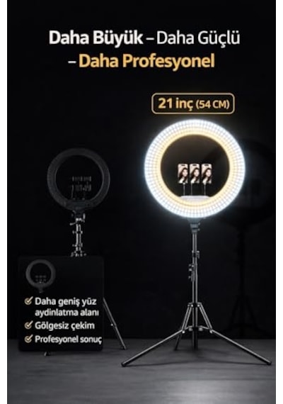21 İnç 54 Cm Profesyonel Ring Light 210 Cm Ayarlanabilir Tripodlu, 3'lü Telefon Tutuculu, 3 Işık Modlu, Parla