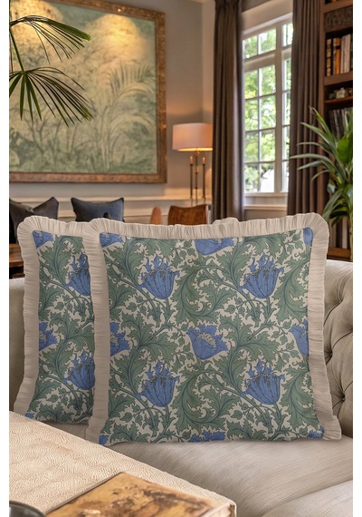 Lüks Çiçek Motifli Saçaklı Yastık Kılıfı - Zarif Bohem Yeşil Mavi Krem Püsküllü Kırlent Kılıfı Çok Renkli