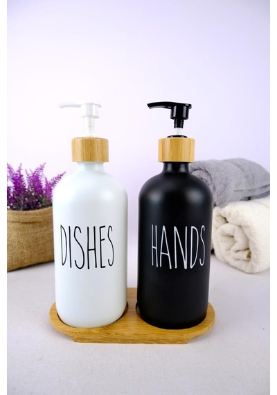 Digithome 2 Li Ahşap Standlı Cam Sıvı Sabun Ve Bulaşık Deterjanı Şişesi Sabunluk 500 Ml - E/6 C1-1-289