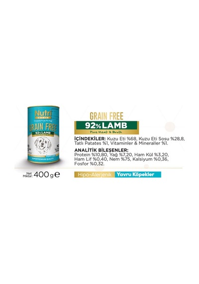 Nutri Canin Tahılsız %92 Kuzu Etli Konserve Yavru Köpek Maması 6 x 400 G