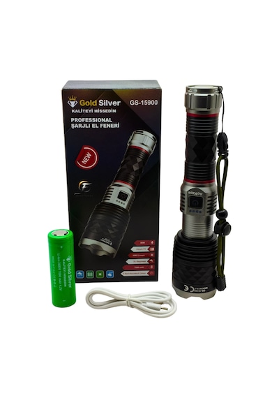 Gold Silver Gs-15900 Profesyonel Şarjlı El Feneri 60w 6000 Lümen - 7000 Mah Zoomlu El Feneri Siyah