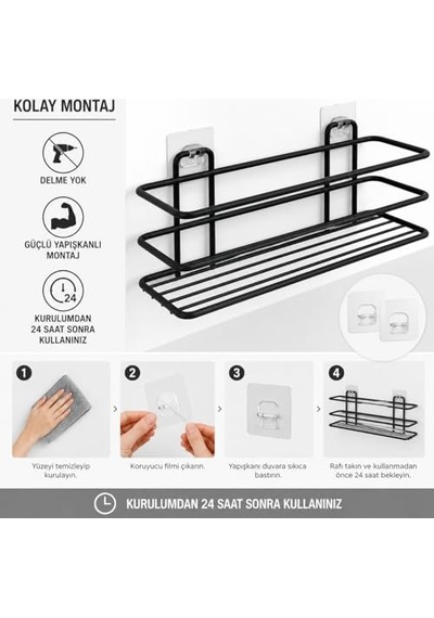 Ayrex Alper Banyo Yapışkanlı Siyah 2 Adet Tek Katlı Düz Şampuanlık Tş01, Delmeye Son, Matkap Vida Yok Genel