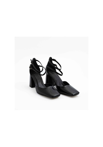 Gleam Kapalı Kare Burun 8cm Kalın Topuk Çift Bantlı Stiletto - Topuklu Ayakkabı 001