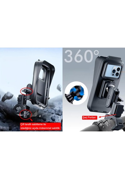 Cr04 Motosiklet Bisiklet Gidon Telefon Tutucu Su Geçirmez Buğu Tutmaz Type-c Ve Usb Şarj Portu Tek El Kullanım Siyah