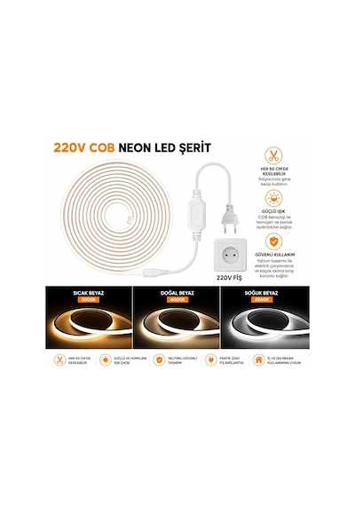 220v 5 Metre Cob Neon Led Şerit 4800 Lümen 50w 3000k Günışığı Ip65 Yapışkanlı 50cm Kesilebilir Fiş Dahil Diğer