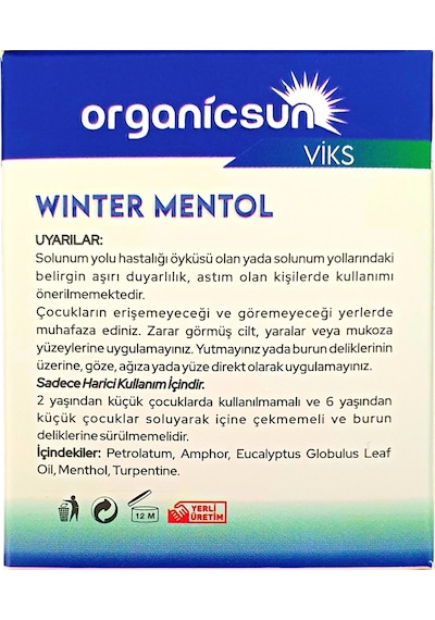 Organicsun Winter Mentol Buharlaşan Merhem Viks 40 G