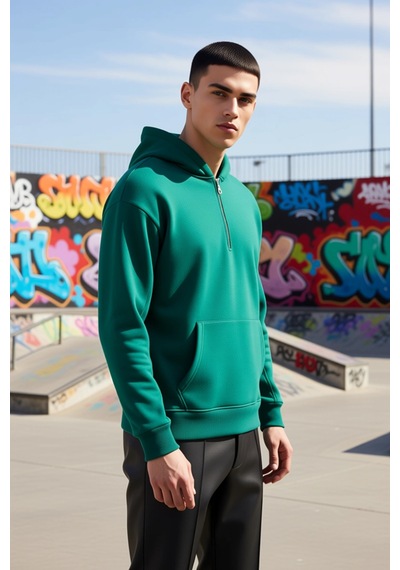 Benerly Erkek Kapüşonlu Fermuarlı Düşük Kol Uzun Kollu Kalıp Sweatshirt F Zümrüt