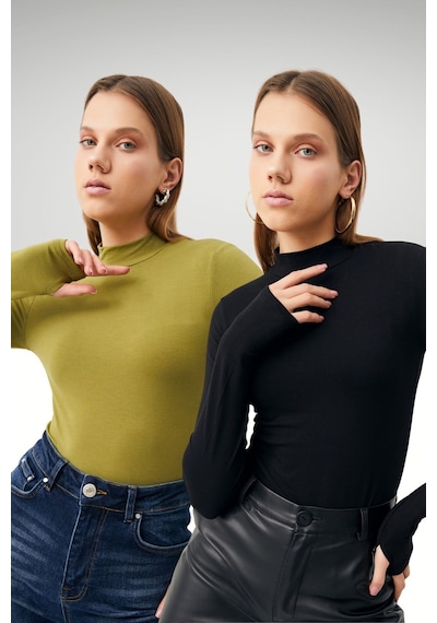 Hiccup Bıpantolon Kadın 2'li Cut Out Detaylı Yarım Balıkçı Yaka Body Zeytin Yeşili