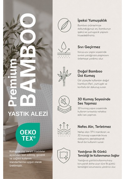 Premium Bamboo 2 Li Ultra Sessiz Sıvı Geçirmez, Ter Ve Kaz Tüyü Geçirmez Yastık Koruyucu Alez Beyaz Beyaz
