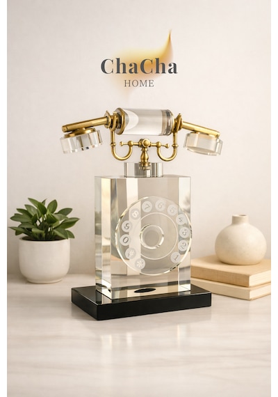 Dikey Kristal Cam Nostaljik Telefon Obje 28x23 Cm - Çevirme Tuşlu Lüks Ofis Masası Aksesuarı Biblo