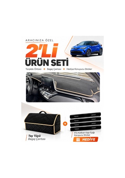 Toyota Chr 2016-2022 Uyumlu Torpido Örtüsü + Tay Tüyü Bagaj Çantası + Sticker Seti - Siyah Bej