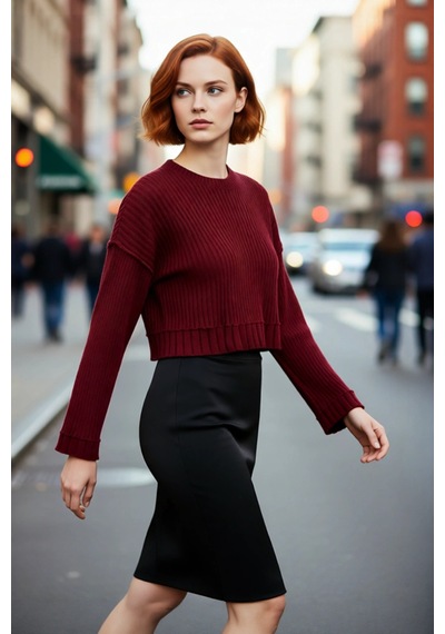 Ersefa Kadın Bordo Oversize Kesim Fitilli Triko Crop Kazak Uzun Kollu Bi