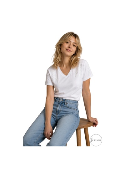 Cassime Kadın Omzu Çiçek Nakış Pul Payet İşleme Pamuk T-shirt Beyaz