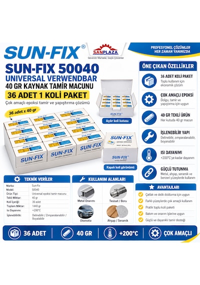Sun-fix 50040 40 Gr Universal Verwendbar Kaynak Tamir Macunu Yapıştırıcı 36 Adet 1 Koli Paket
