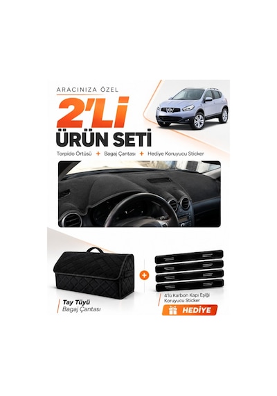 Nissan Qashqaı J10 2007-2014 Uyumlu Torpido Örtüsü + Tay Tüyü Bagaj Çantası + Sticker Seti - Siyah