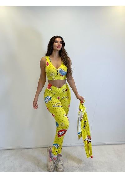 Pink Life Sarı Desenli Taytlı Büstiyerli Üçlü Takım Sarı