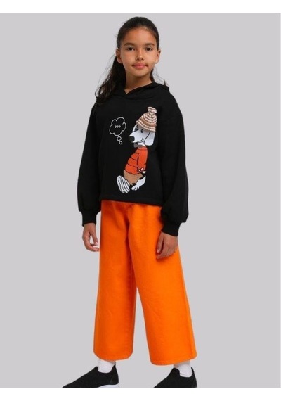 Kız Çocuk İçi Şardonlu Köpek Baskılı Kapüşonlu Sweatshirt-13615 Siyah