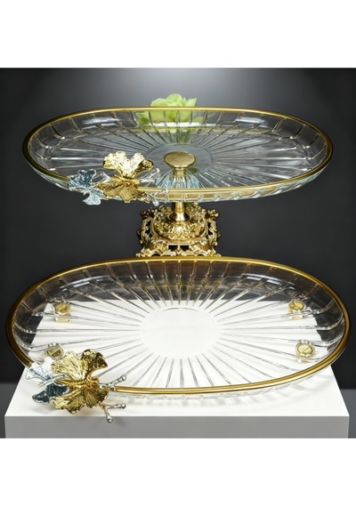 Çnr Home Collection Paşabahçe Kristal Metal Ayakli Gold Yaldizli Oval Düz Pasta Sunumluk Kurabiyelik 2 'li Gold