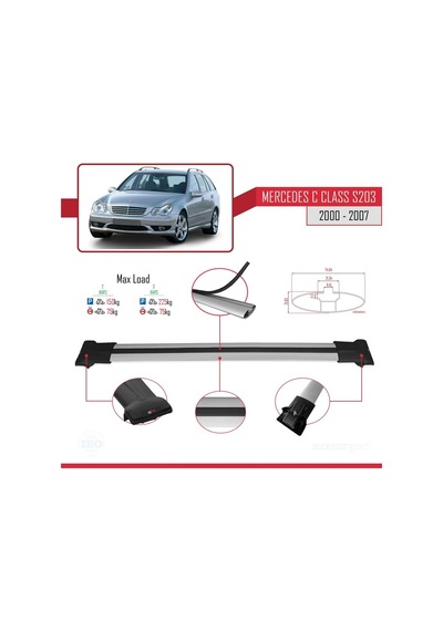 Mercedes C Class S203 2000-2007 Arası İle Uyumlu Fly Model Ara Atkı Tavan Barı Gri