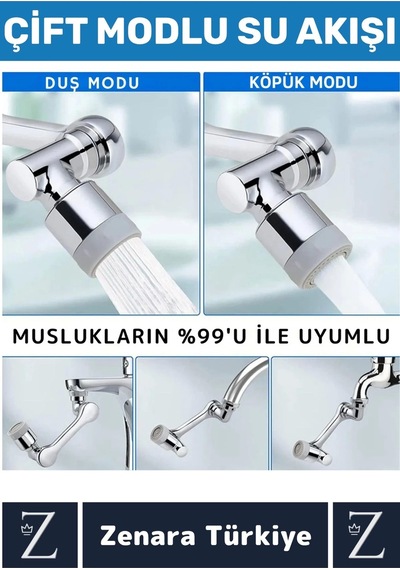 Kolay Montaj Metal Görünümlü 1080 Derece Dönebilen Çift Modlu Su Akışı Akrobat Musluk Ucu Başlığı