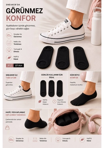 Kadın Siyah 3'lü Görünmez Sneaker Çorap Siyah